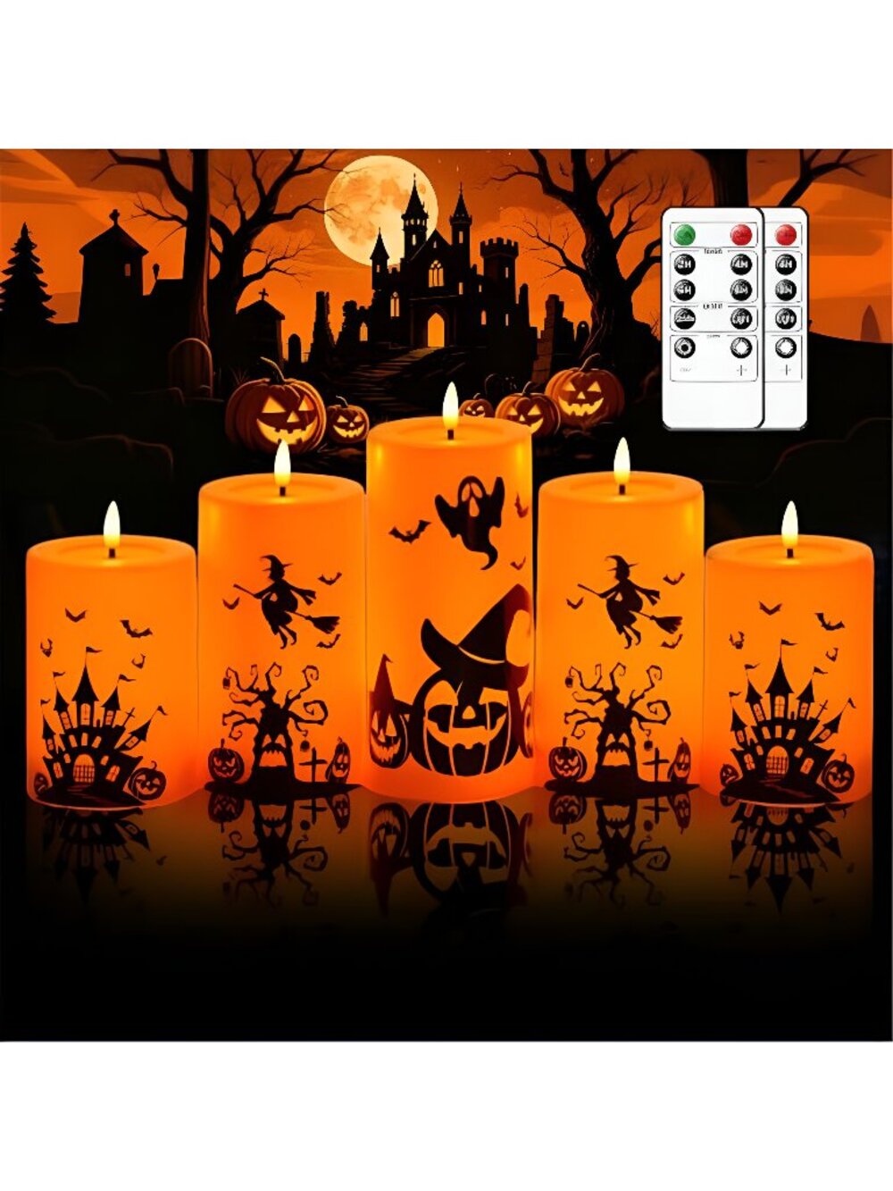 5 Pack Halloween Flameless LED Pillar Candles, Orange Plastic Battery Operated